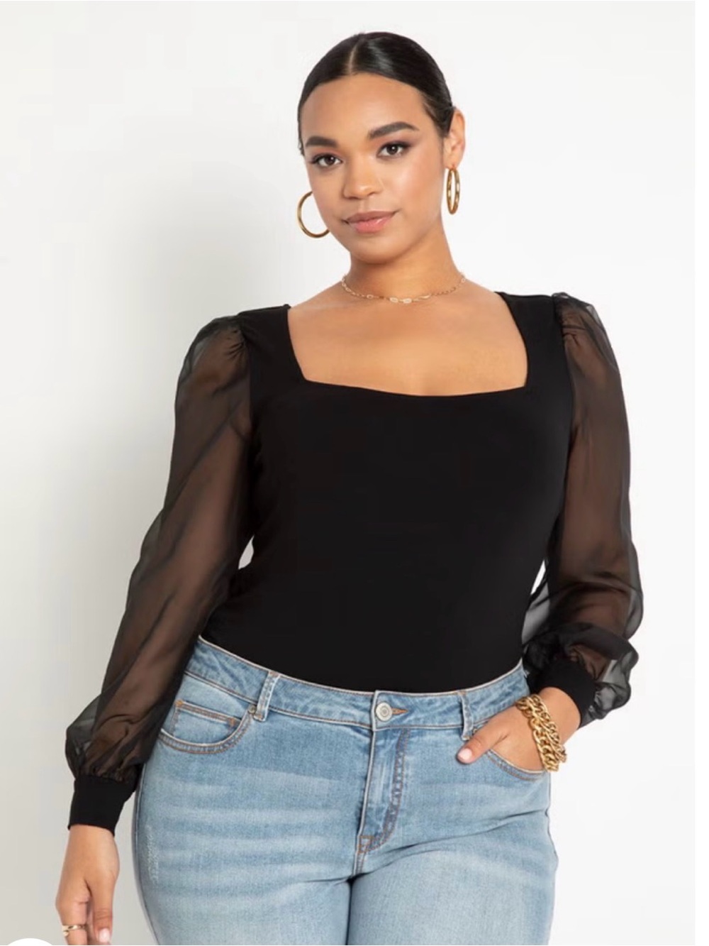 Eloquii Square Neck Sheer Sleeve Top